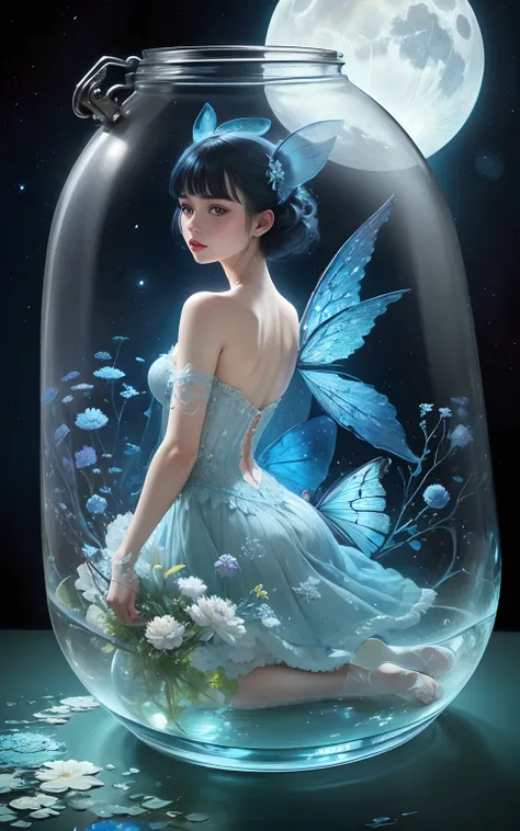 Moon fairy, isometric shot inside a glass jar looking out, gossamer, blue chrysanthemum, nighttime, stardust. Fairytale, rococopunk, delicate studio artist model. Best quality, oil painting on canvas. Coby Whitmore, Ray Caesar, Lichtenstein, Fragonard, Van...