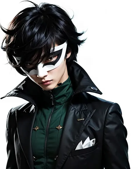 A young asian man wearing a mask with black long coat, ultra realistic, high quality, detailed face