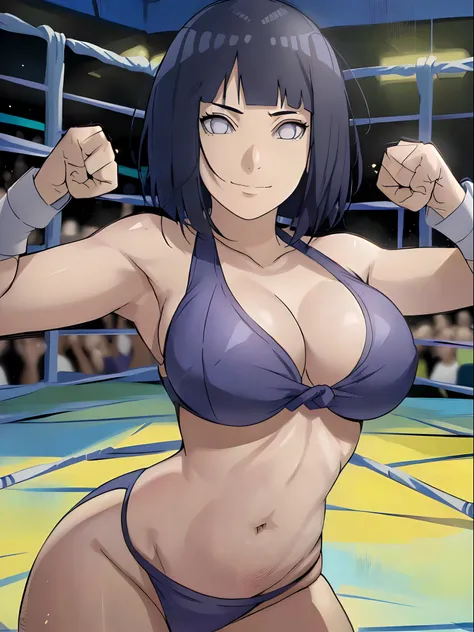 anime style, (hinata(boruto), (female wrestler), (slender body), mature woman, milf, (bikini, wrestling gear) victorious, gorgeous, winner, kind face, smile, closed mouth, pale skin, (dark blue hair color:1.1), wavy hair, ((short hair, hime cut), big breas...