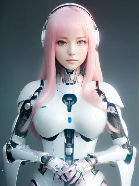 ((masutepiece)), ((top-quality), high quarity、ultra-definition, Realistic,  fulcolor 、One beautiful robot woman、Joints of machines、Frame of the machine、Thick wire joints、White porcelain armor、(Curvaceous face)、deadpan、pink straight hair、Wide Shot、((Electro...