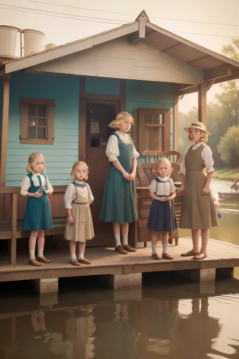 Year: 1939. Location: Memphis, Mississipi. pre-raphaelite 12-year-old blonde girl, with her 4 younger siblings, standing in the porch of their floating home in the river, ((sad)), ((1930s colorful country clothes)) ((1930s hairstyle)) ((in the style of "OM...