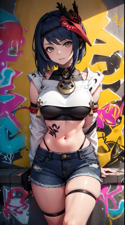 Kujou Sara Genshin Effects, masterpiece, bestquality, 1girls, bara, crop top, shorts jeans, choker, (Graffiti:1.5), color splashes, arm behind back, against wall, looking at the audience, bracelet, Thigh strap, Paint on the body............, Head tilt, bor...