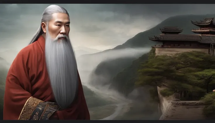 A Taoist with a long beard,There is a bun on the top of the head，Monk customs，inspired by Wu Daozi, monk portrait, Taoist master, portrait photo of an old man, Inspired by Hu Zaobin, inspired by Hu Zao, Long white beard, inspired by Li Cheng,high-definitio...