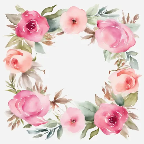 wreath, Floral frame, Delicate watercolor flowers in pink and bright rose shades, Captivating illustrations.