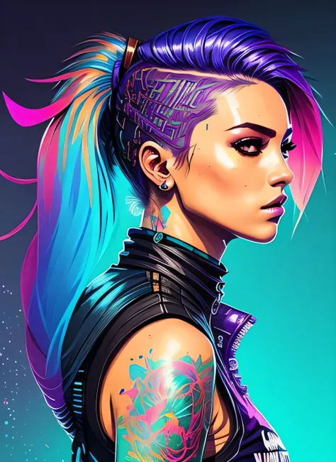 swpunk style synthwaveaward winning half body portrait of a woman in a croptop and cargo pants with ombre navy blue teal hairstyle with head in motion and hair flying, paint splashes, splatter, outrun, vaporware, shaded flat illustration, digital art, tren...