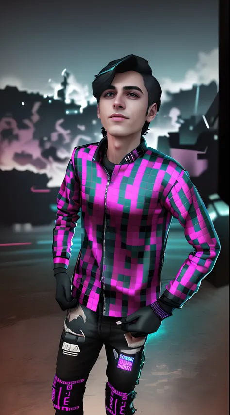 change background cyberpunk handsome boy, realistic face, 8k, ultra realistic, with jacket