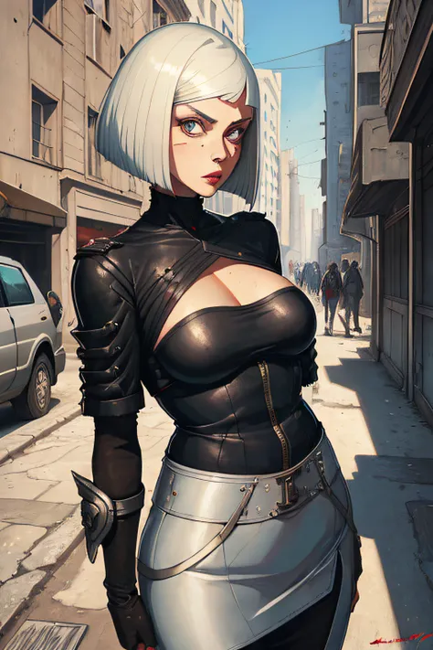 1 beautiful female, heavy metal ,   bobcut
fututristic, city street
enki bilal
realistic,