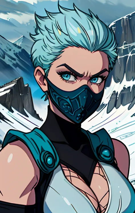 [FROST], ((Masterpiece)), ((High quality art)), ((High definition)), ((solo portrait)), ((upper body)), ((beautiful render art)), ((detailed shading)), ((intricate details)), {(Beautiful woman), (pale skin), (cute blue eyes), (spiked cyan ice hair), (mask ...