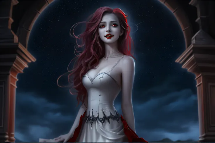 a picture of an exquisite beautiful female vampire standing under the starry night sky on the porch of her castle, dynamic angle...