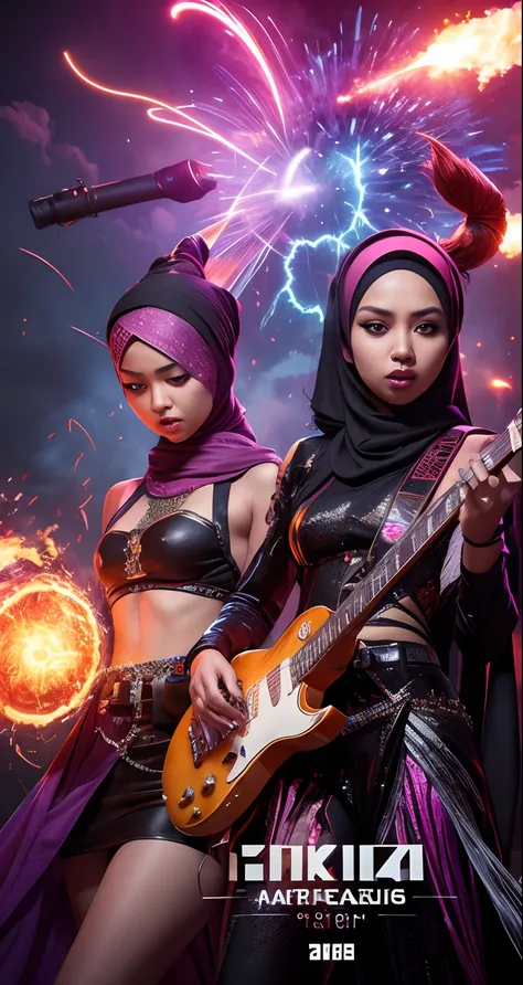 Create an electrifying album cover that places the three Malay girl in hijab as a rock band artists as musical sorceresses, conjuring explosive pyrotechnics and colorful spells in a magical arena.