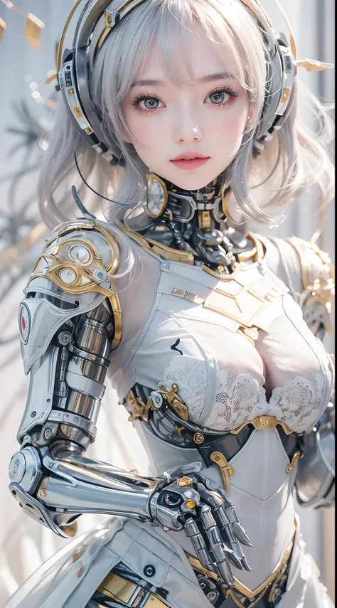 (High-res, 4K, Masterpiece:1.2),Ultra-detailed,(Realistic,photo-realistic:1.37),Girl robot married in Japan,Mechanical limb,Mechanical torso,Made of shiny white and silver translucent glass and plastic, Delicate lace dress, joyful expressions, , Vibrant co...