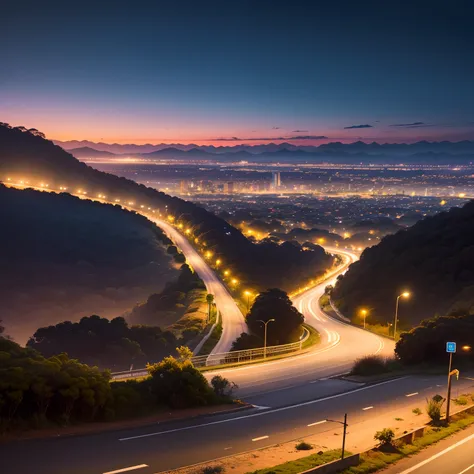 Paisagem vista distante de uma estrada a noite passando por uma cidade no horizonte, cores opacas e escuras degrade de preto