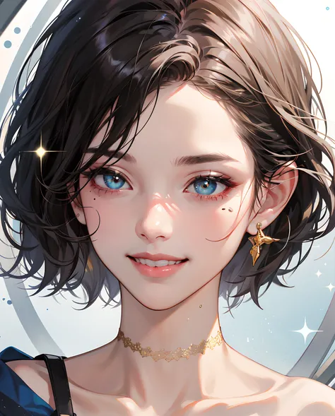 (Masterpiece: 1.3), (8k, Photorealistic, RAW Photo, Best Quality: 1.4), (1girl), Beautiful Face, (Realistic Face), (Black Hair, Short Hair: 1.3), Beautiful Hairstyle, (Bangs), (Smile), Smile, Realistic Eyes, Gloss, Highlights, Highlights in the Eyes, Eyela...