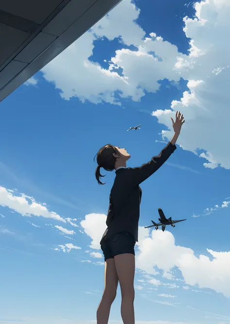 Photo of woman looking up and plane passing in the sky