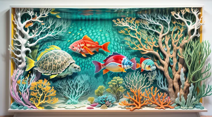 A whimsical undersea scene, with colorful fish and coral, a sea turtle gracefully gliding through crystal-clear waters, a sense of tranquility and wonder in this aquatic world, Paper-cut art, intricate layers of hand-cut colored paper,