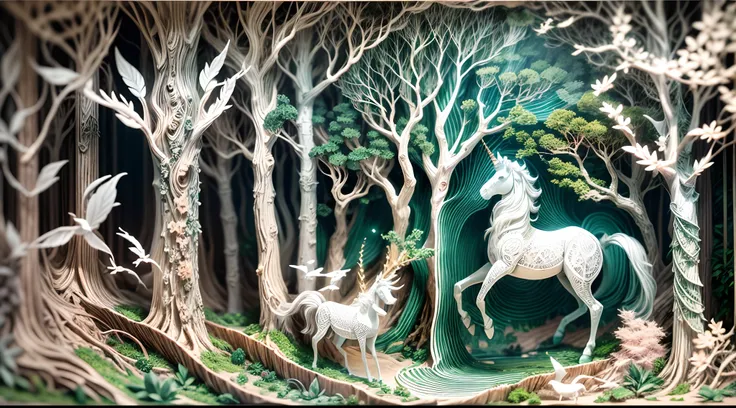 A mystical forest filled with magical creatures, unicorns, fairies, and talking trees, dappled sunlight filtering through leaves, an enchanting and mysterious atmosphere, Paper-cut art, layers of delicately cut paper creating depth and texture,