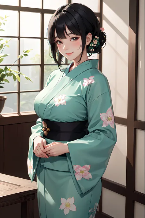 /(luxury room indoors/), 1lady solo standing, mature female, green yukata floral, /(black hair/) bangs, blush kind smile, (masterpiece best quality:1.2) delicate illustration ultra-detailed, large breast