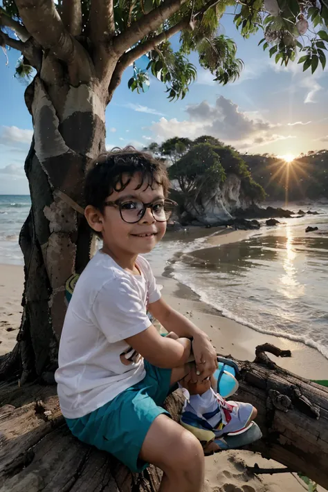 produce a cartoon of a happy 3-year-old boy wearing glasses, sitting on a dry tree trunk in the sand of a beautiful, praia tranq...