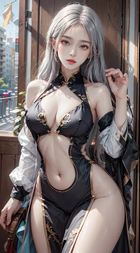 photorealistic, high resolution,masterpiece,best quality,ultra-detailed, 1women, hips up,  white hair, cheongsam