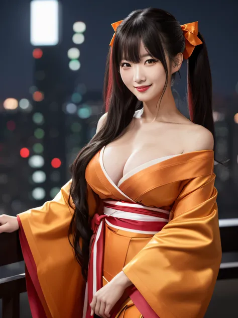 ((gorgeous Golden kimono)),((gorgeous orange kimono)),((gorgeous pink kimono)),((gorgeous red kimono)),((royal textured kimono)), (((smile:1.0, laugh:1.0))), 1girl, (korean:1.2), solo, makeup, highres, large breasts:1.4 , cleavage, looking at viewer, smile...