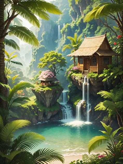 jungle, waterfall, surrounded with wild flowers. a tiny hut with a person standing on its porch, viewed from afar. masterpiece, best quality, high detailed