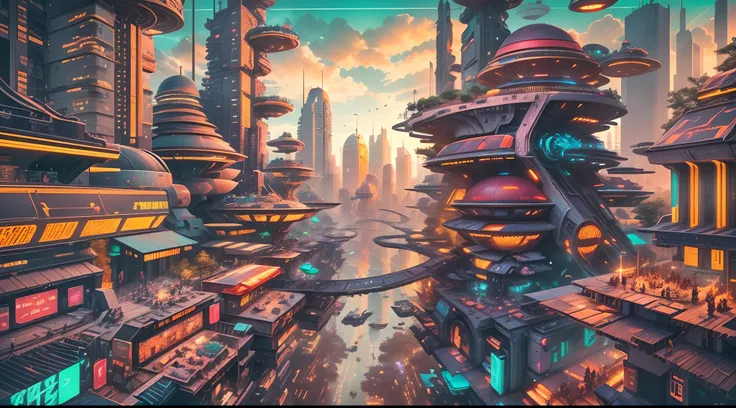 A futuristic cityscape on another planet, sleek skyscrapers and flying cars against an alien sky, robots and cyborgs bustling in the streets, a blend of advanced technology and sci-fi aesthetics, Paper-cut art, intricate layers of metallic and neon-colored...