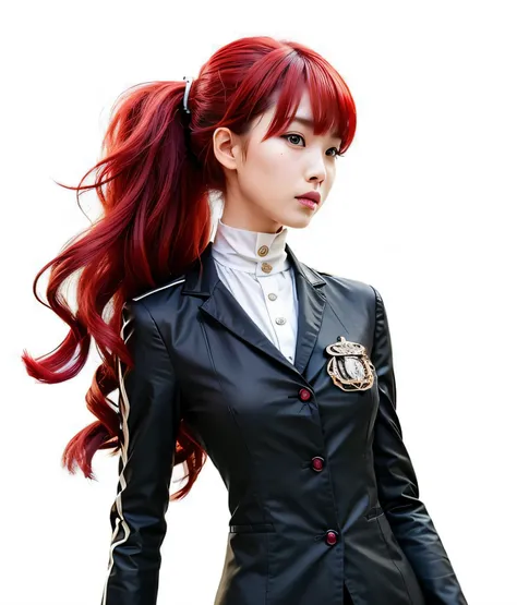 an asian woman with red hair wearing black uniform with red buttons and a white badge, ultra realistic, high quality, detailed face