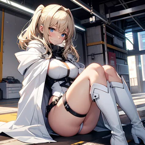 Transformation Heroine　white  leotard　White long boots　White Long Gloves　White cloak　Gold decoration　justice　poneyTail　a blond　Sleeveless　Embarrassed look　Tearful expression　Western Boots　laying on back　thrust out ones hip　M-shaped legs　Long boots below th...