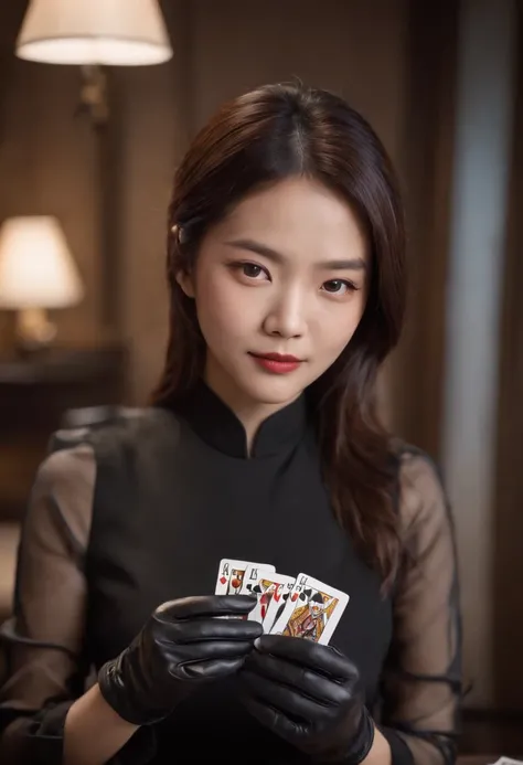 A young Japanese woman with a black suit up to a shirt and playing cards with black leather gloves on both hands