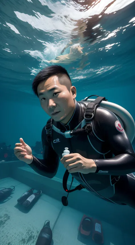 36-year-old Chinese man swimming in the city under the water after Tsunami. He looking straight into camera. Hes swimming with equipment and diving suit. The scene was captured using a Canon R6 camera with a 70-200mm f/4 lens. The photo was taken at the un...