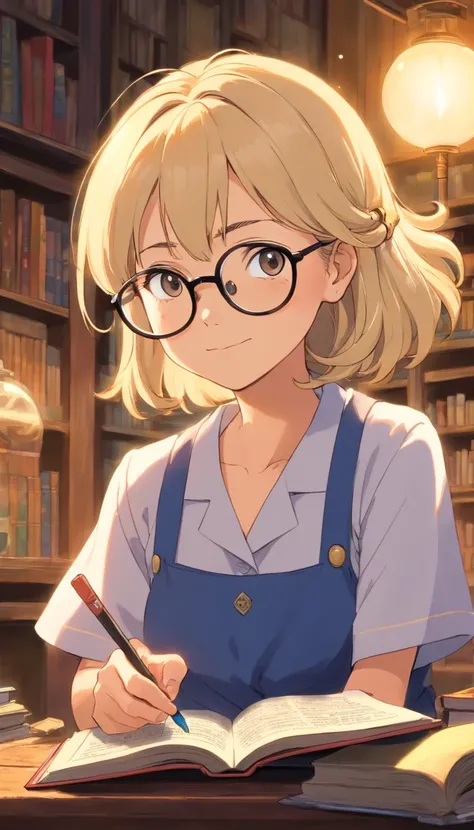 A woman who had a blond hair,aged 50 years old,a science teacher,kind face,looks like an Auntie,wearing a teacher outfit,handling a science book with a stick,and have a eye glasses.