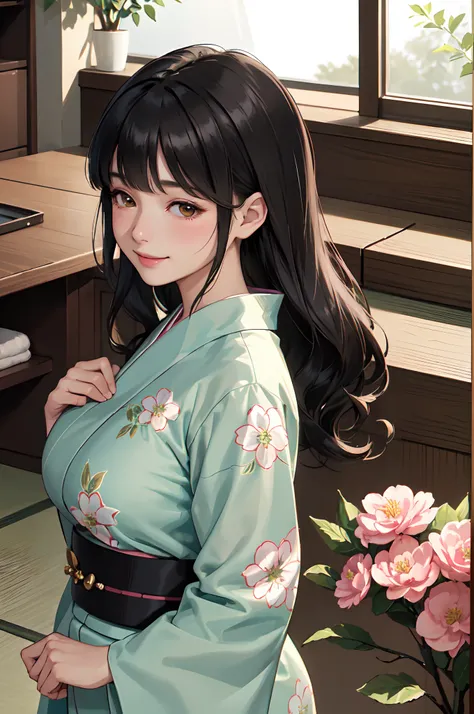 /(luxury room indoors/), 1lady solo standing, mature female, green yukata floral, /(black hair/) bangs, blush kind smile, (masterpiece best quality:1.2) delicate illustration ultra-detailed, large breast