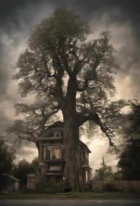 A large tree mysteriously depicts a building in a dimly lit house