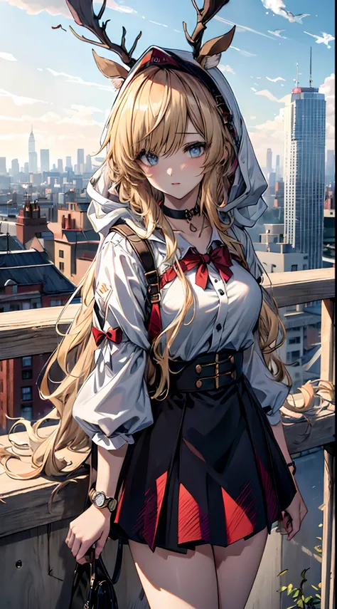 (((Masterpiece))),(incredibly_absurderes),(Best quality),(A high resolution),(Highly detailed),((CG unity 8k wallpaper))，Best quality at best，tmasterpiece，1girll，blond hairbl，messy  hair，curly_Hair，The shirt，a skirt，kawai，JK，Red_bow，Wrist watch，choker neck...