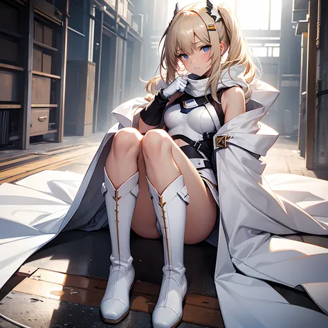 Transformation Heroine　white  leotard　White long boots　White Long Gloves　White cloak　Gold decoration　justice　poneyTail　a blond　Sleeveless　Embarrassed look　a tearful look　Western Boots　laying on back　thrust out ones hip　M-shaped legs　Long boots below the kn...