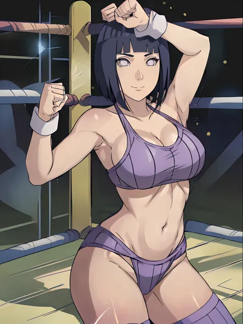 anime style, (hinata(boruto), (female wrestler), (slender body), mature woman, milf, (bikini, wrestling gear) victorious, gorgeous, winner, kind face, smile, closed mouth, pale skin, (dark blue hair color:1.1), wavy hair, ((short hair, hime cut), big breas...