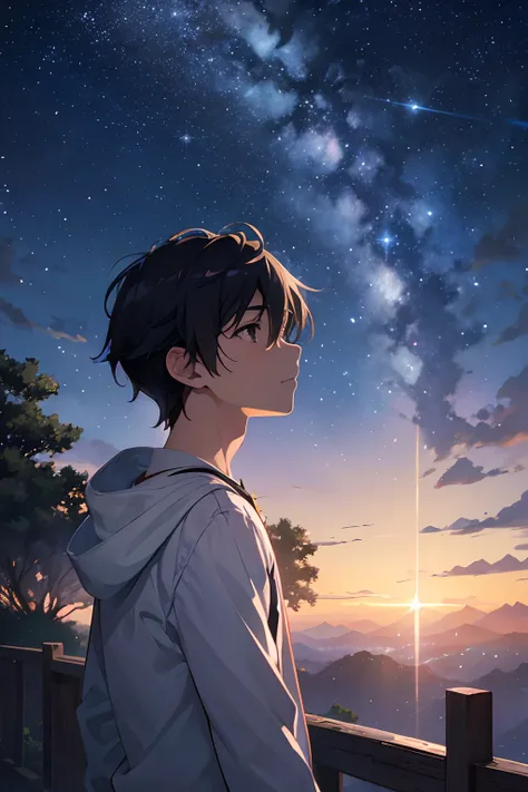 Create exquisite illustrations reminiscent of Makoto Shinkais style, It has ultra-fine details and top-notch quality. Create an illustration of a boy looking up at a fantastic starry sky. Night sky decorated with shooting stars, Create an enchanting and dr...