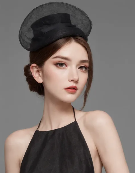 She wears a small cocktail hat on her head. She is very young, Elegant and beautiful 18 year old woman.
She wears slim, See-through, Off-the-shoulder, Black Halter Neck Dress.
Her hair is long and straight.Dynamic Posing、A detailed face、