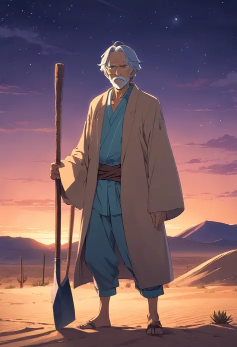 Old man in the desert standing in front of a hoe at night，Face