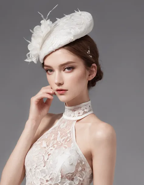 She wears a small cocktail hat on her head. She is very young, Elegant and beautiful 18 year old woman.
She wears slim, See-through, Off-the-shoulder, White and floral see-through halter neck dress.Transparent fabric、Thin fabric、
her hair is long and strai...