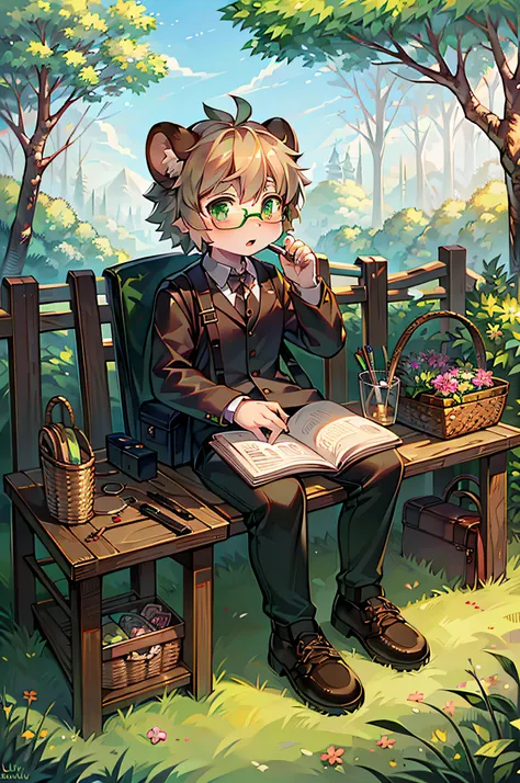 Tanuki，grassy fields，ln the forest，the trees，eye glass，backpacks，Sourcebook，magnifying glass，Observations，basket，pruning implements，Gardening tools，adolable，Shota，Deep eyes，Emerald green pupils