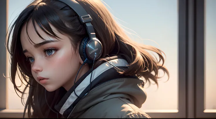 a girl hearing a song head phone on her ears sad