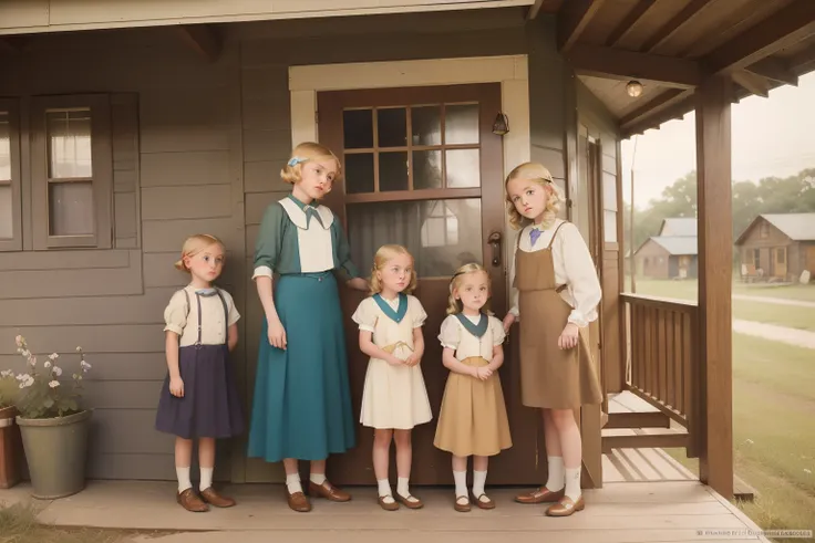 Year: 1939. Location: Memphis, Mississipi. pre-raphaelite 12-year-old blonde girl, with her 4 younger little siblings, standing in the porch of their floating home, ((sad)), ((1930s colorful country clothes)) ((1930s hairstyle)) ((in the style of "OMITB"))...