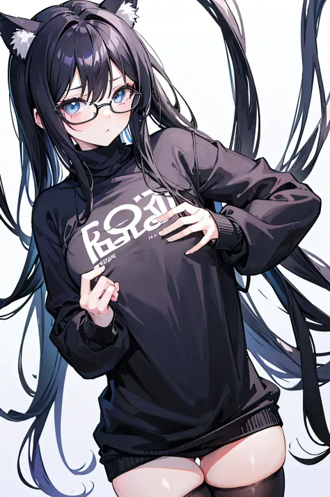 anime - style image of a woman in a BLACK turtleneck cotton sweater outfit, blue perfect eyes, black cat ears, black mid length hair, black messy hair, embarrassed, blushing, looking away, standing, mid length black flowing hair, anime girl wearing a BLACK...