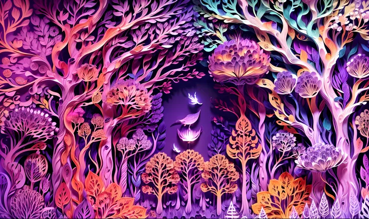 papercut lace diorama, magical forest, volumetric lighting, purple, orange, highly detailed, realistic details,