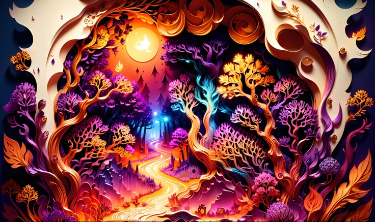 papercut lace diorama, magical forest, volumetric lighting, purple, orange, highly detailed, realistic details,