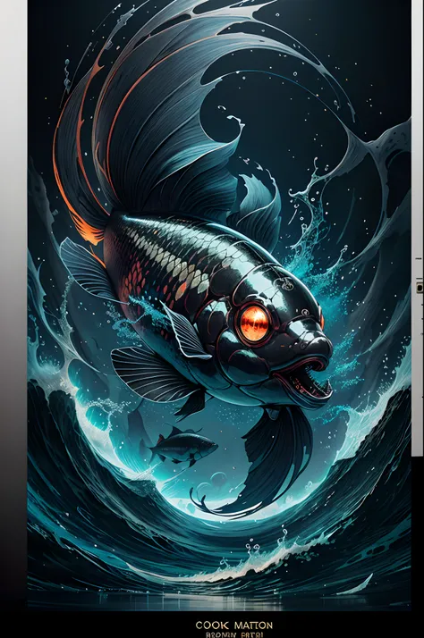 [black silver goldfish 1.5] , logo masking style illustration, by dan mumford, by greg rutkowski, by james jean, black backgroun...