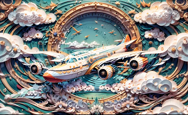 masterpiece, concept art, paper cut, (highly detailed, beautiful and aesthetic), plane, sky, cloud, panoramic, hyper maximalism,