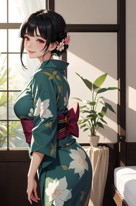 /(luxury room indoors/), 1lady from side solo standing, mature female, green yukata floral, /(black hair/) bangs, blush kind smile, (masterpiece best quality:1.2) delicate illustration ultra-detailed, large breast