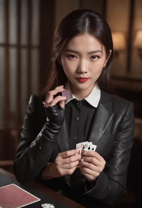 A young Japanese woman with a black suit up to a shirt and playing cards with black leather gloves on both hands